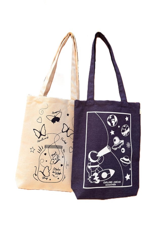 Prithwe DIY Canvas Bags Painting Kit - Gift Pack for Kids - Pack of 2 Bags - Butterfly & Astronaut (Fabric Paints Included) - Image 1